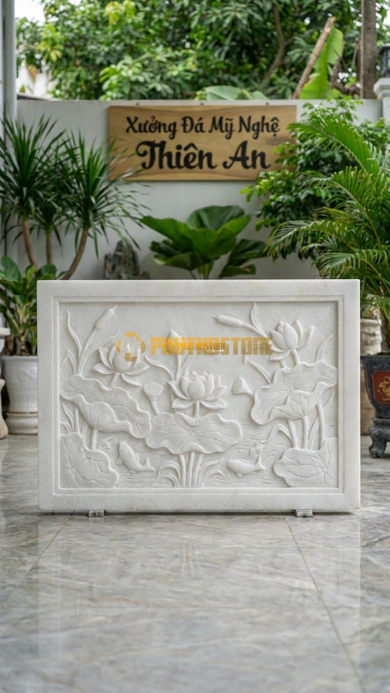 Bình Phong Đá Trắng Muối Vuông Đầm Sen L127: Bức Tranh Đầm Sen Kín Mặt Đá. (L127 x H89 Cm).