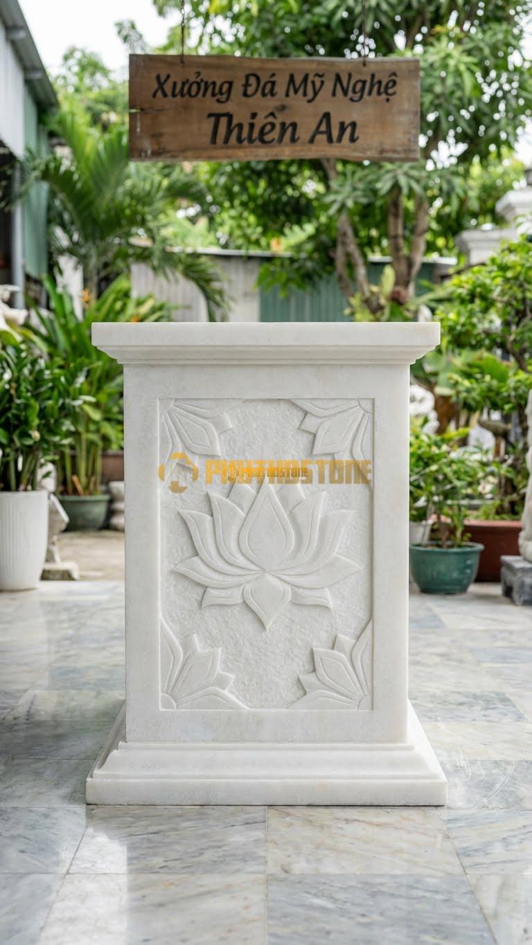 Bình Phong Đá Trắng Muối Vuông Sen Cách Điệu L155: Hoa Văn Sen Hình Học. (L155 x H117 Cm).