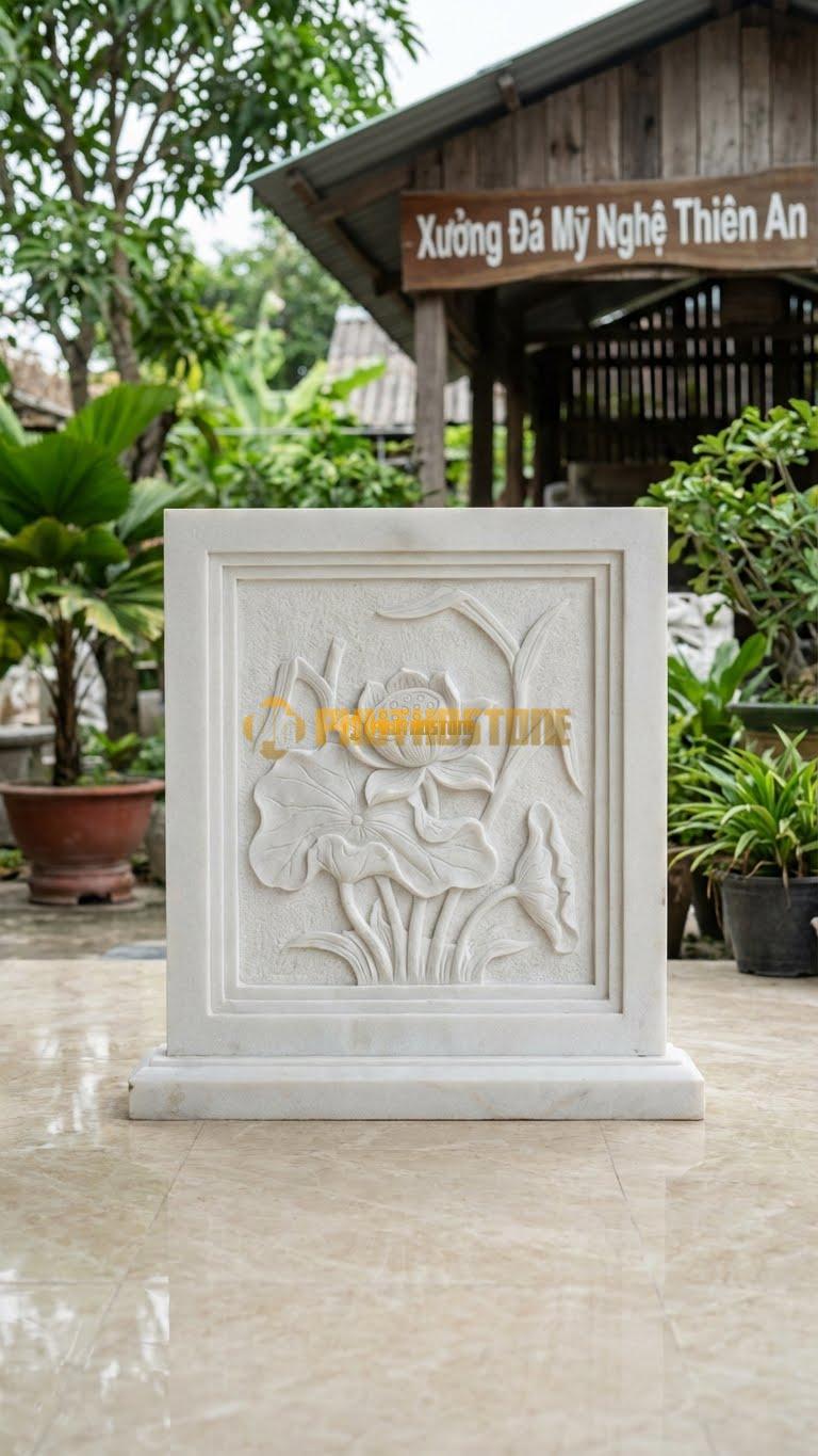 Bình Phong Đá Trắng Muối Vuông Sen Tàn L127: Họa Tiết Đài Sen Già (Ý Nghĩa Hạt Giống/Tái Sinh). (L127 x H81 Cm).