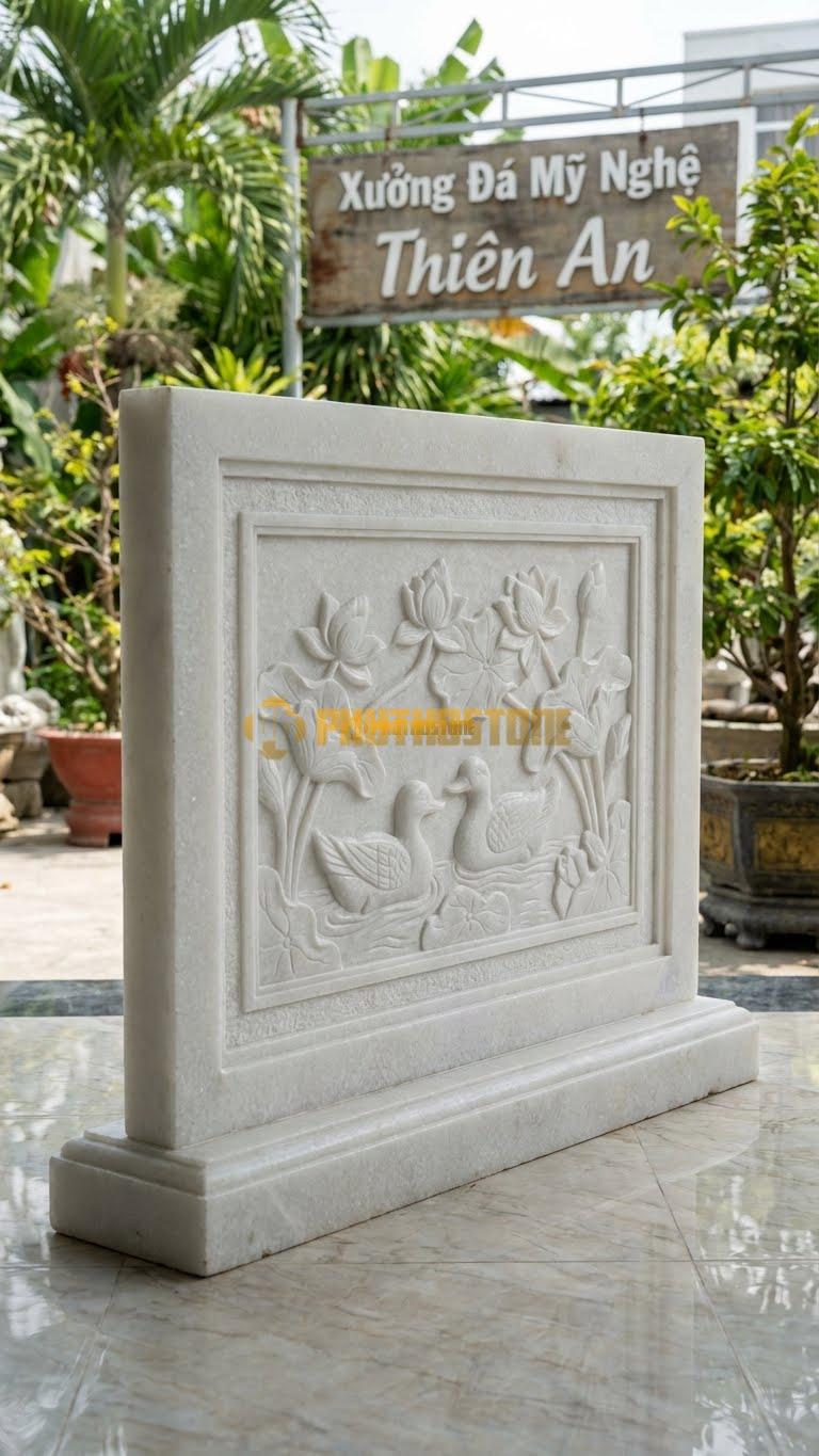 Bình Phong Đá Trắng Muối Vuông Sen Vịt L147: Đôi Vịt Bơi Dưới Tán Sen (Bảo Áp Xuyên Liên). (L147 x H107 Cm).