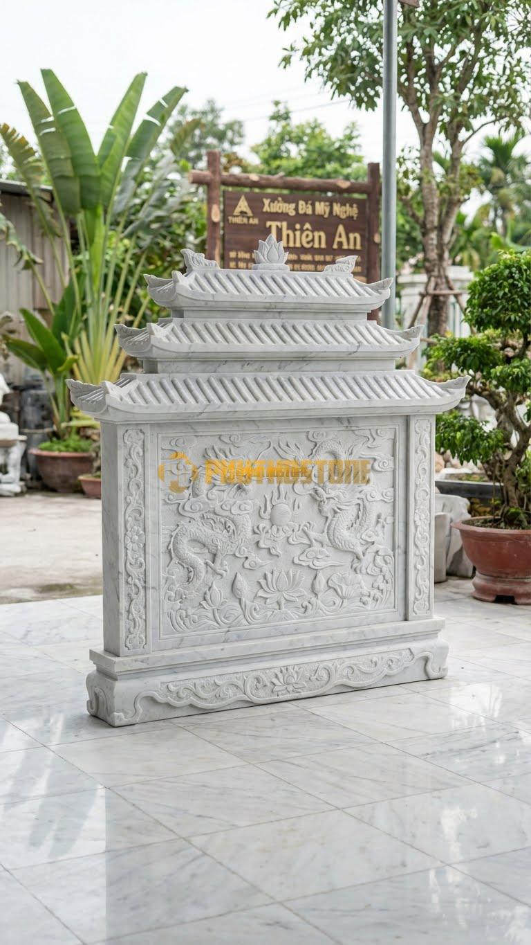 Bình Phong Đá Trắng Yên Bái Mái Chùa 3 Tầng L167: 3 Lớp Mái Cao Vút. (L167 x H167 Cm).