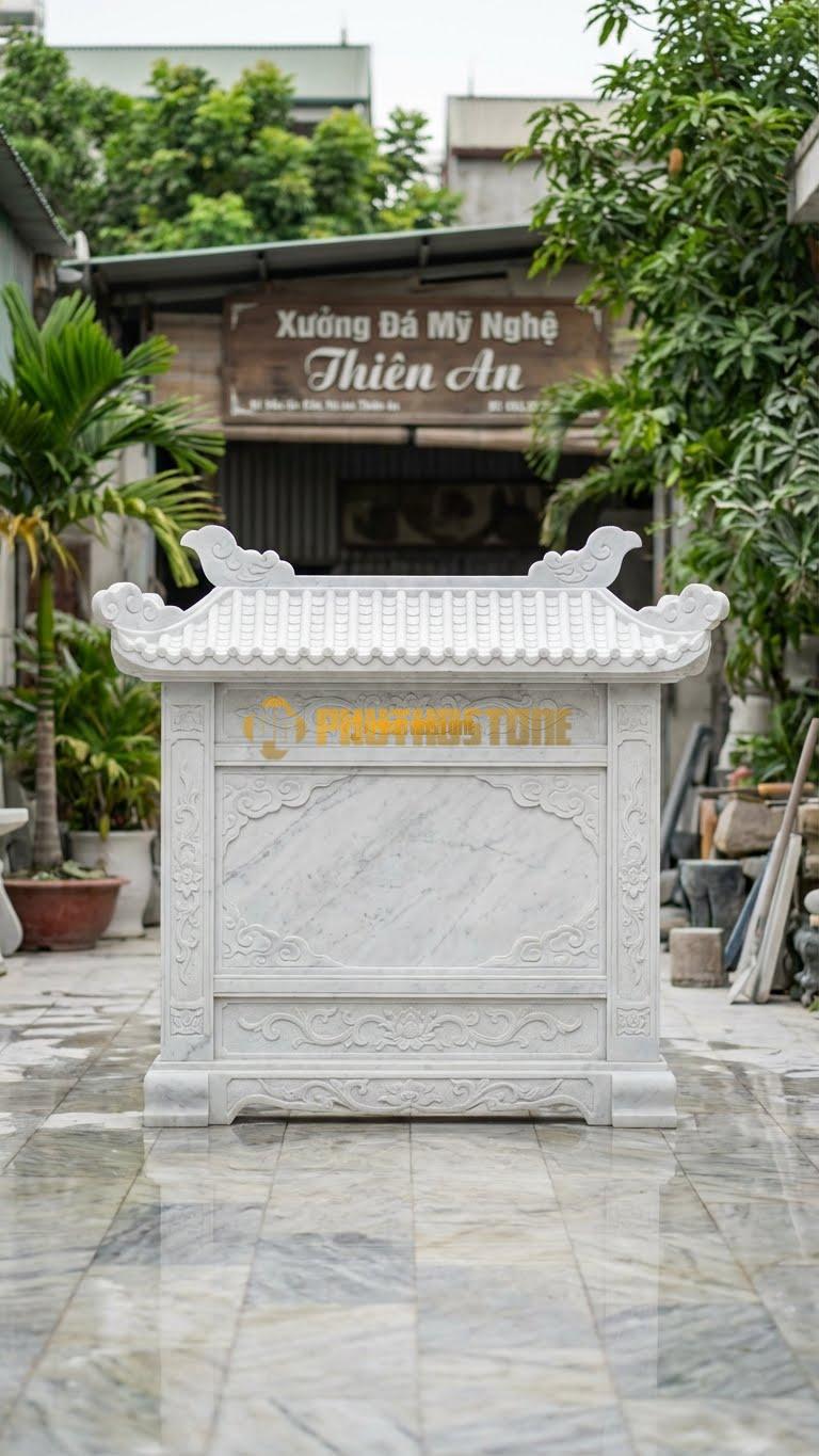 Bình Phong Đá Trắng Yên Bái Mái Chùa Đao Mây L147: Góc Mái Uốn Cong Hình Mây (Đao). (L147 x H147 Cm).