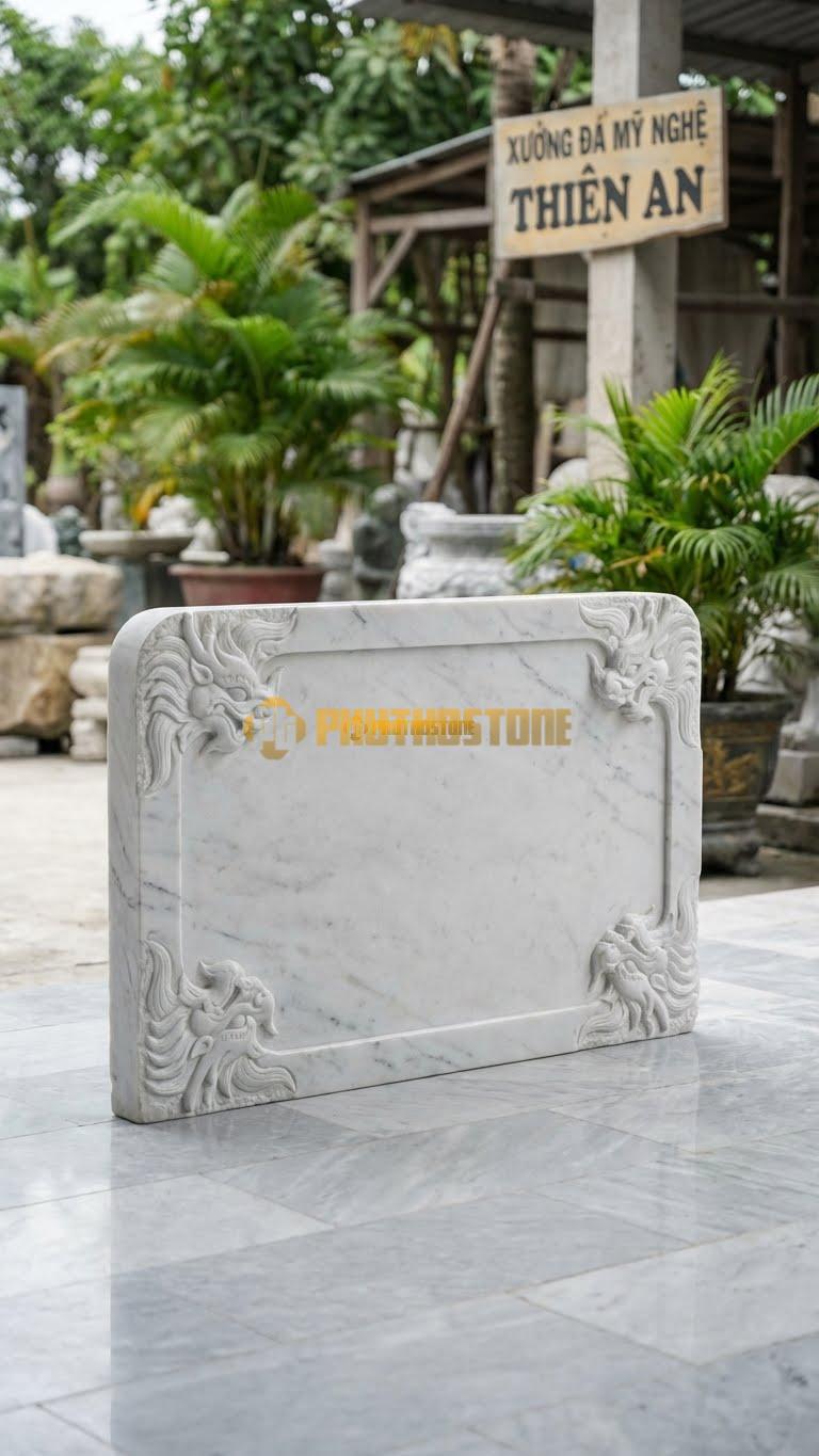 Bình Phong Đá Trắng Yên Bái Rồng Hóa Góc L127: Chỉ Có 4 Góc Là Đầu Rồng Hóa, Giữa Trơn. (L127 x H81 Cm).