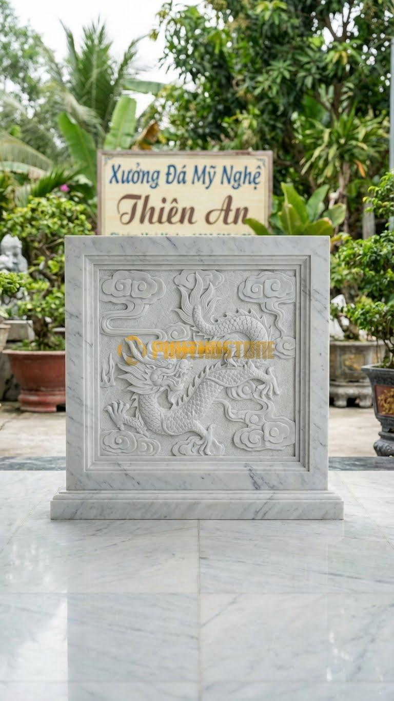 Bình Phong Đá Trắng Yên Bái Rồng Hóa Mây Vuông L133: Mây Cuộn Khung Vuông. (L133 x H89 Cm).