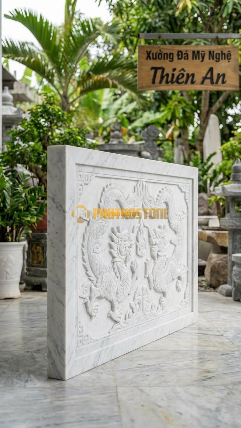 Bình Phong Đá Trắng Yên Bái Rồng Hóa Triện L127: Con Rồng Vuông Thành Sắc Cạnh Như Triện. (L127 x H89 Cm).