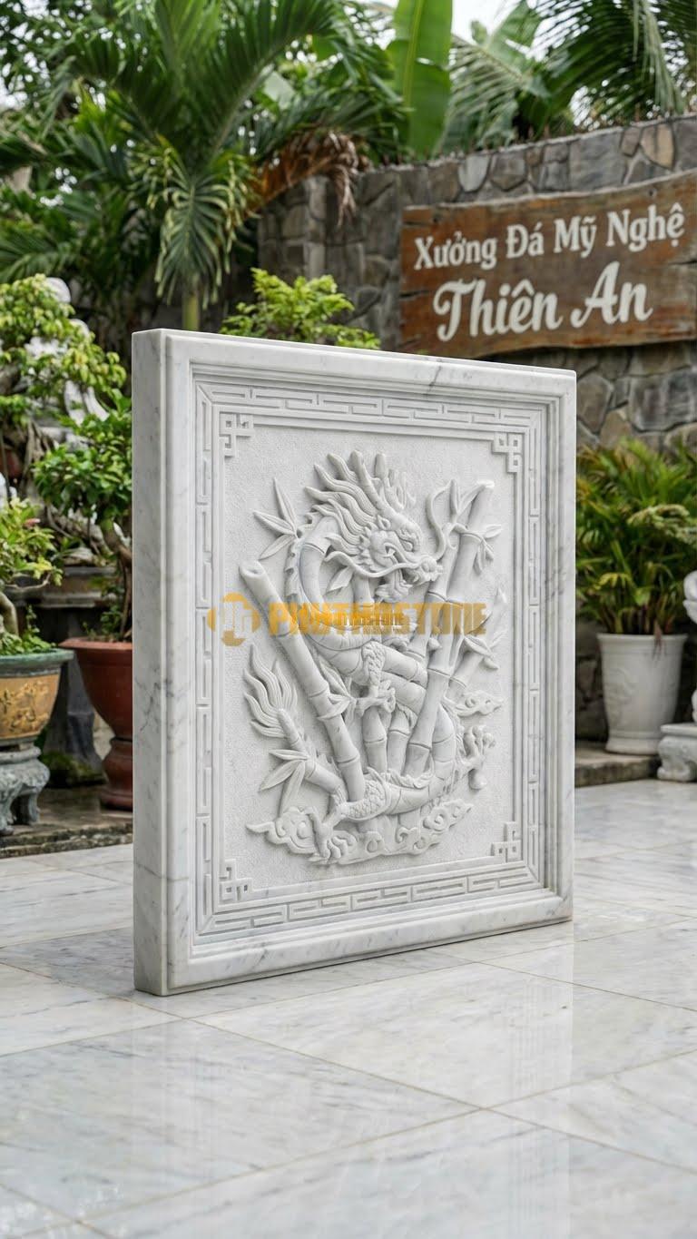 Bình Phong Đá Trắng Yên Bái Rồng Hóa Trúc L155: Cây Trúc Uốn Thành Hình Rồng. (L155 x H117 Cm).