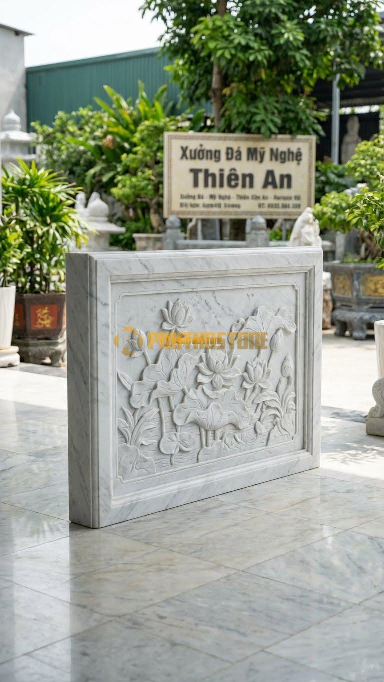 Bình Phong Đá Trắng Yên Bái Vuông Đầm Sen L127: Bức Tranh Đầm Sen Kín Mặt Đá. (L127 x H89 Cm).