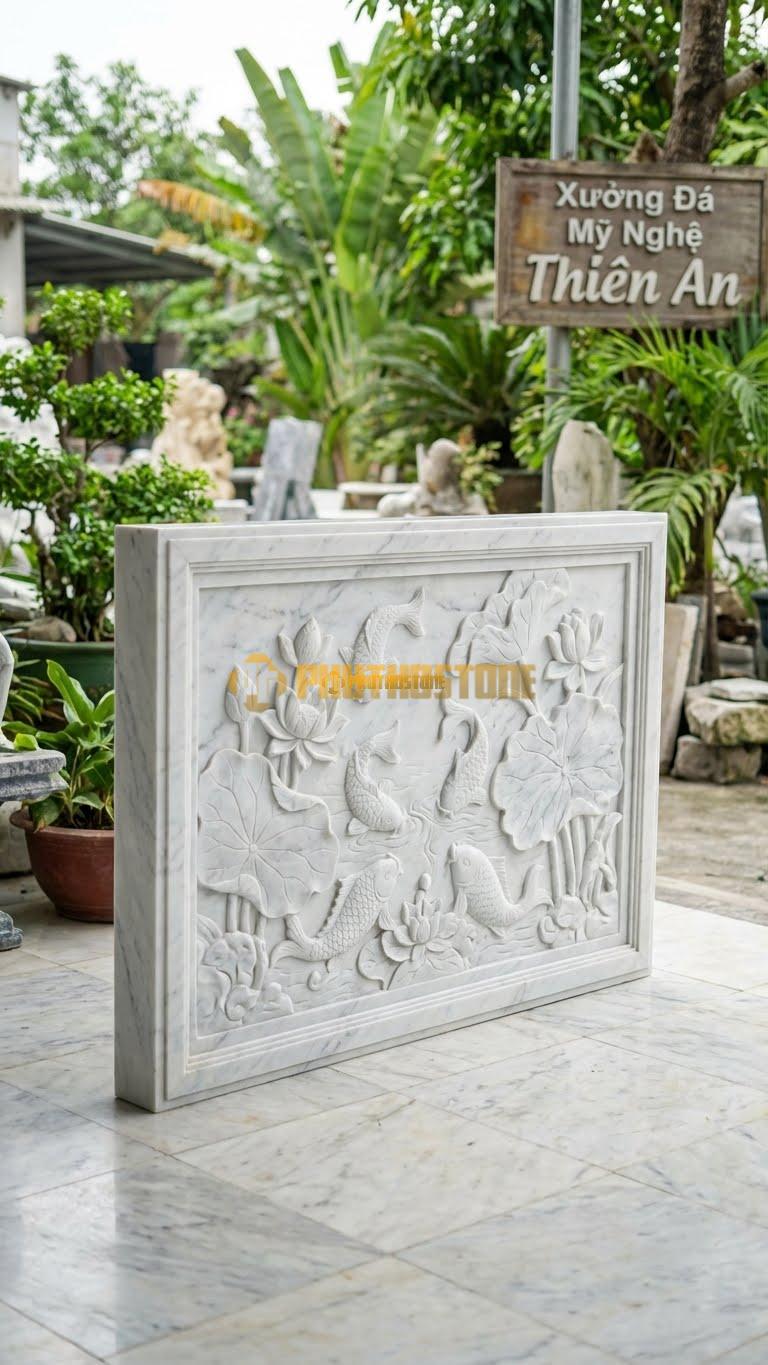 Bình Phong Đá Trắng Yên Bái Vuông Sen Cá L147: Cá Chép Bơi Dưới Đầm Sen (Liên Ngư). (L147 x H107 Cm).