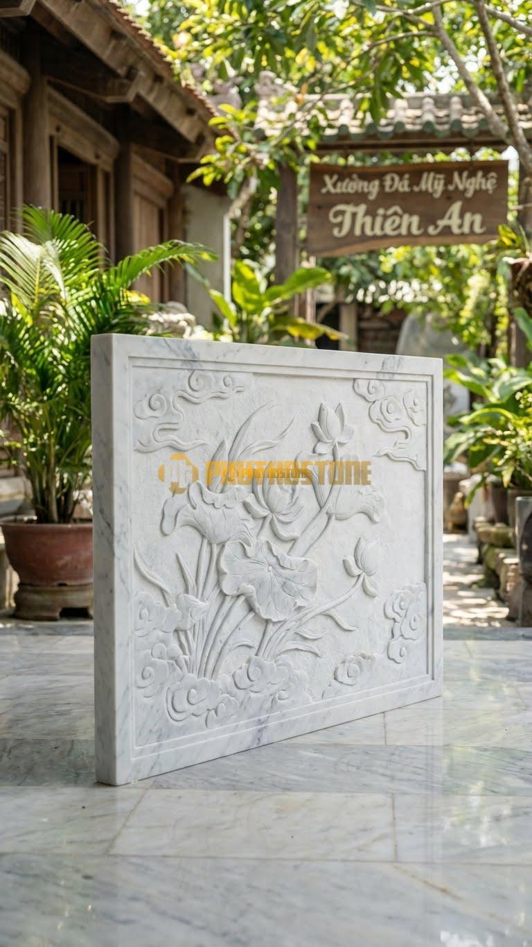Bình Phong Đá Trắng Yên Bái Vuông Sen Gió L167: Cành Sen Nghiêng Theo Chiều Gió (Sen Lùa). (L167 x H127 Cm).