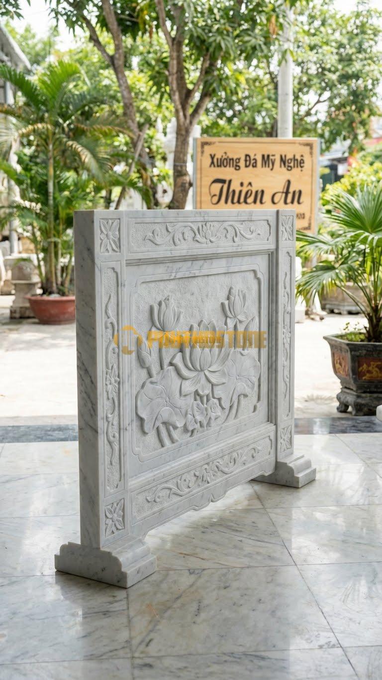 Bình Phong Đá Trắng Yên Bái Vuông Sen Nổi L155: Bông Sen Đục Nổi Khối Cao. (L155 x H117 Cm).