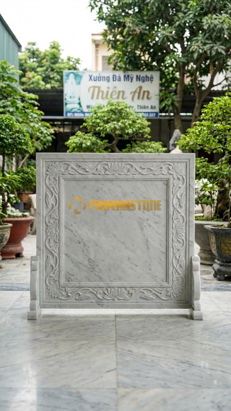 Bình Phong Đá Trắng Yên Bái Vuông Viền Sen L147: Giữa Trơn/Chữ, Viền Là Dây Sen. (L147 x H107 Cm).