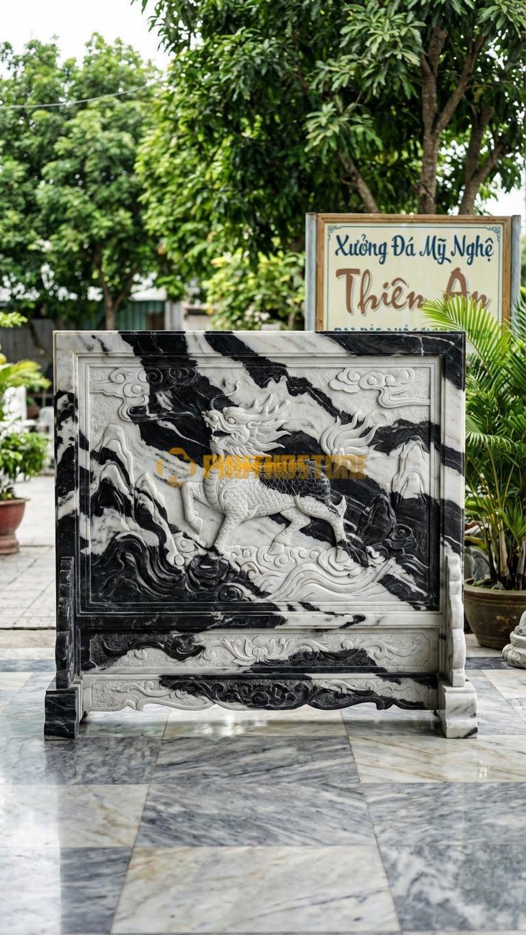 Bình Phong Đá Tuyết Sơn Long Mã L155: Chạm Hình Long Mã (Đầu Rồng Mình Ngựa). (L155 x H117 Cm).