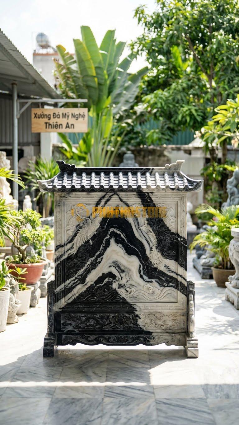 Bình Phong Đá Tuyết Sơn Mái Chùa 1 Tầng L127: Có 1 Lớp Mái Ngói Bên Trên. (L127 x H127 Cm).