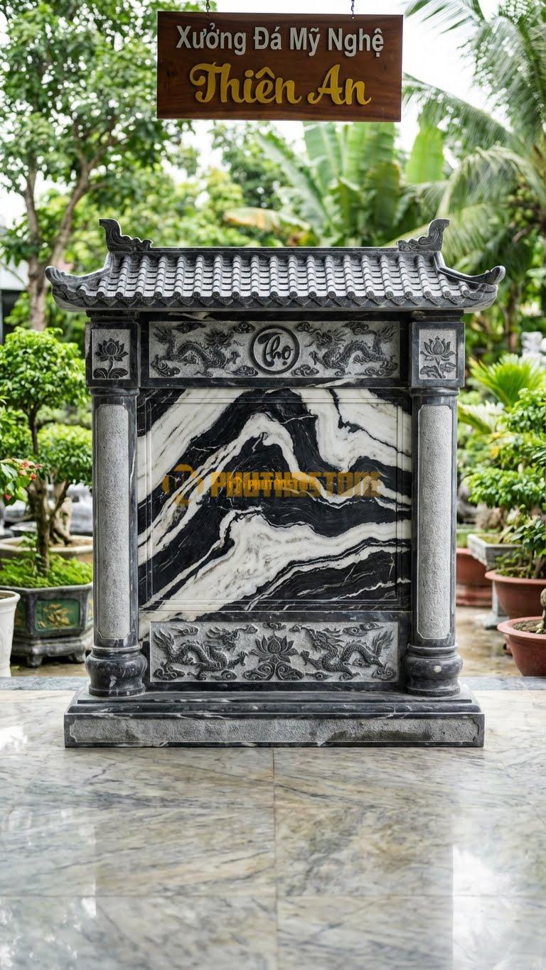 Bình Phong Đá Tuyết Sơn Mái Chùa Cột Giả L167: Hai Bên Thân Vuông Đắp Nổi Hình Cột Tròn Đỡ Mái. (L167 x H167 Cm).