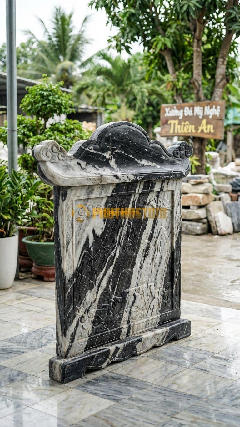 Bình Phong Đá Tuyết Sơn Mái Chùa Đao Mây L147: Góc Mái Uốn Cong Hình Mây (Đao). (L147 x H147 Cm).