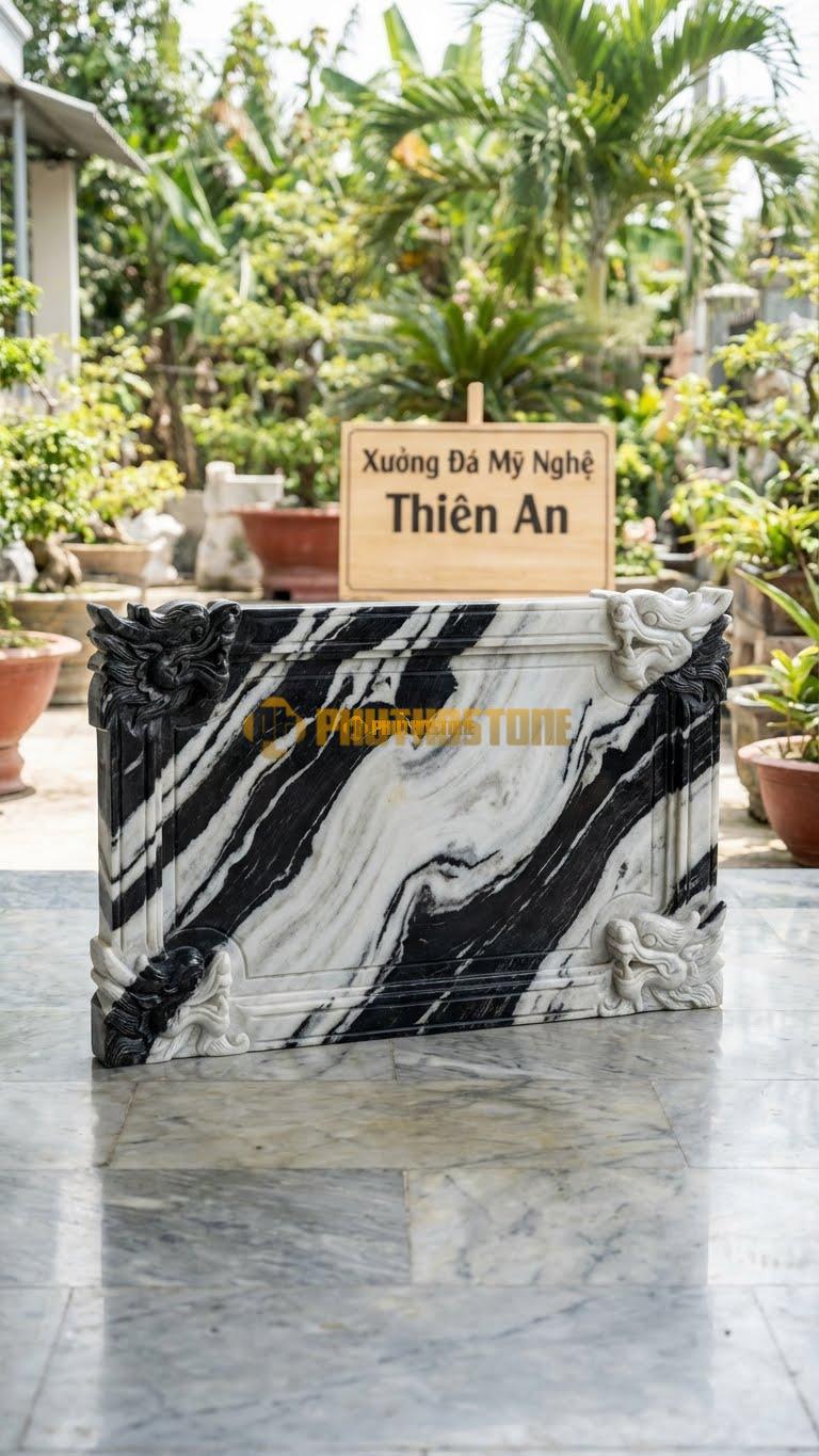 Bình Phong Đá Tuyết Sơn Rồng Hóa Góc L127: Chỉ Có 4 Góc Là Đầu Rồng Hóa, Giữa Trơn. (L127 x H81 Cm).