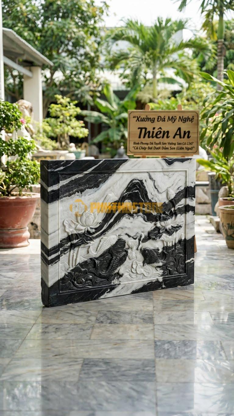 Bình Phong Đá Tuyết Sơn Vuông Sen Cá L147: Cá Chép Bơi Dưới Đầm Sen (Liên Ngư). (L147 x H107 Cm).