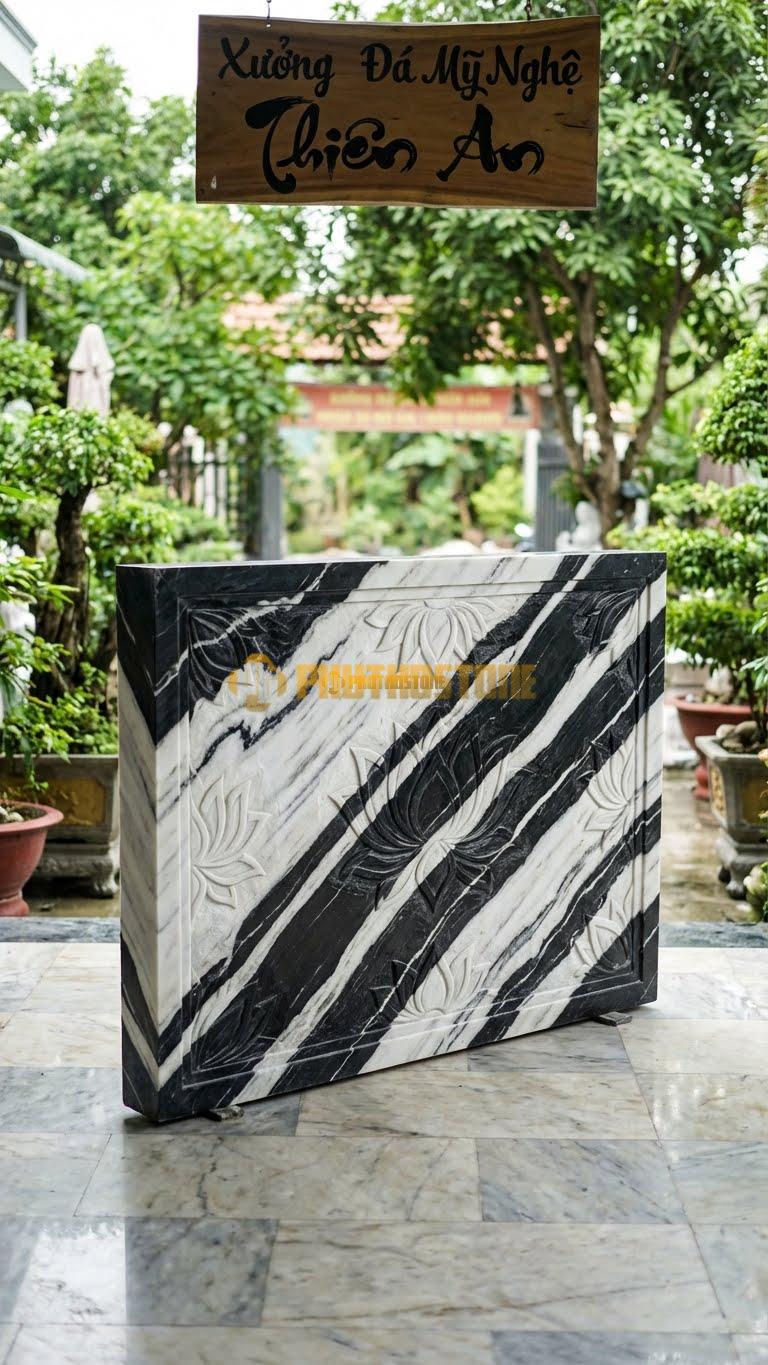 Bình Phong Đá Tuyết Sơn Vuông Sen Cách Điệu L155: Hoa Văn Sen Hình Học. (L155 x H117 Cm).