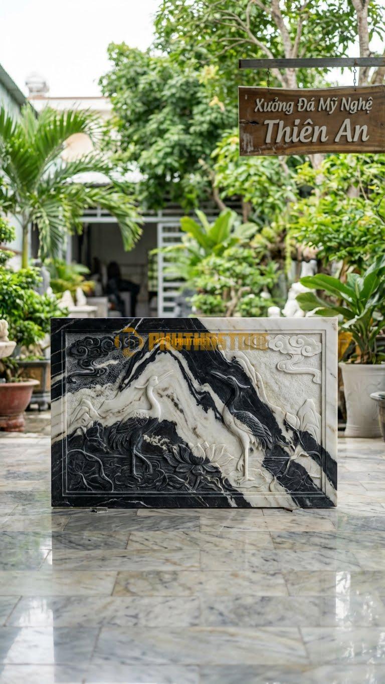 Bình Phong Đá Tuyết Sơn Vuông Sen Hạc L133: Hạc Đứng Trong Hồ Sen. (L133 x H89 Cm).