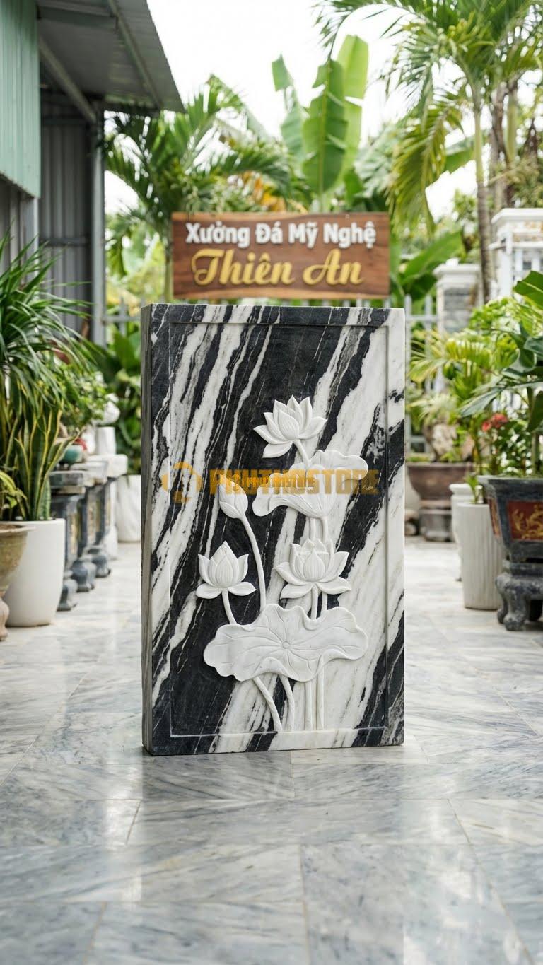Bình Phong Đá Tuyết Sơn Vuông Sen Trắng L133: Làm Từ Đá Trắng, Chạm Sen Thanh Khiết. (L133 x H89 Cm).