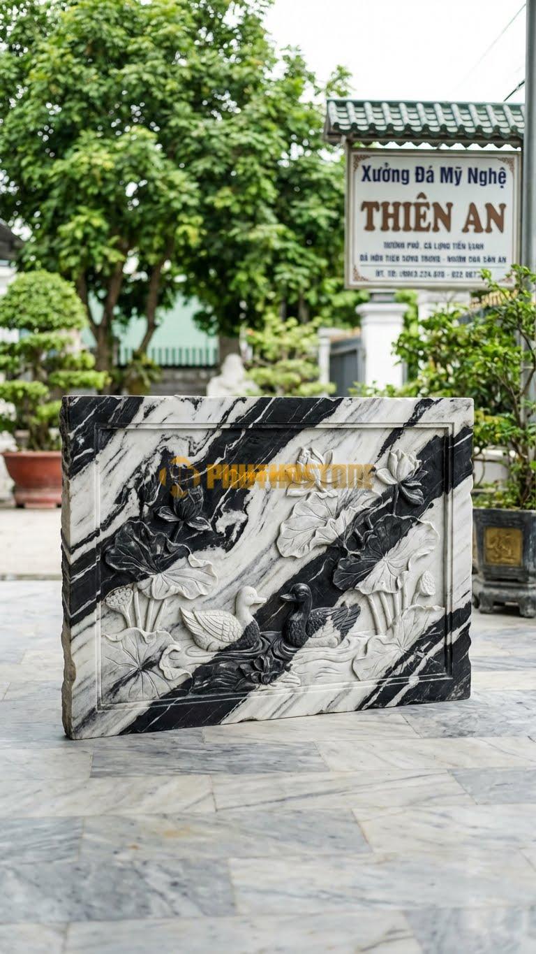 Bình Phong Đá Tuyết Sơn Vuông Sen Vịt L147: Đôi Vịt Bơi Dưới Tán Sen (Bảo Áp Xuyên Liên). (L147 x H107 Cm).