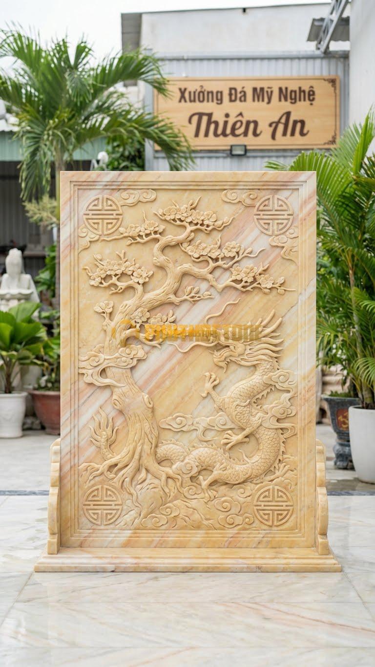 Bình Phong Đá Vàng Nghệ An Rồng Hóa Mai L147: Cây Mai Già Hóa Rồng. (L147 x H107 Cm).