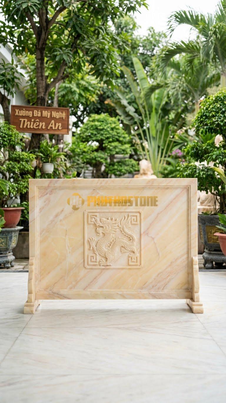 Bình Phong Đá Vàng Nghệ An Rồng Hóa Triện L127: Con Rồng Vuông Thành Sắc Cạnh Như Triện. (L127 x H89 Cm).