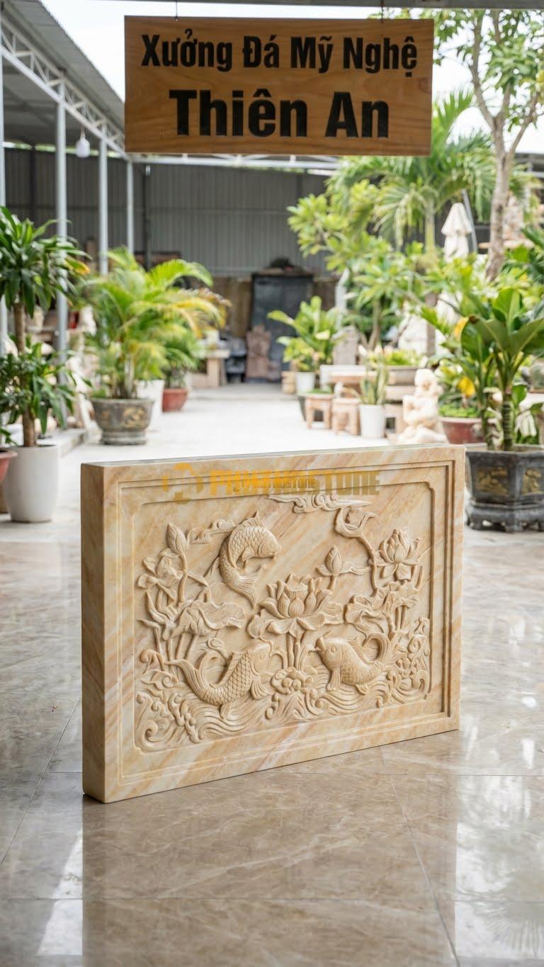 Bình Phong Đá Vàng Nghệ An Vuông Sen Cá L147: Cá Chép Bơi Dưới Đầm Sen (Liên Ngư). (L147 x H107 Cm).
