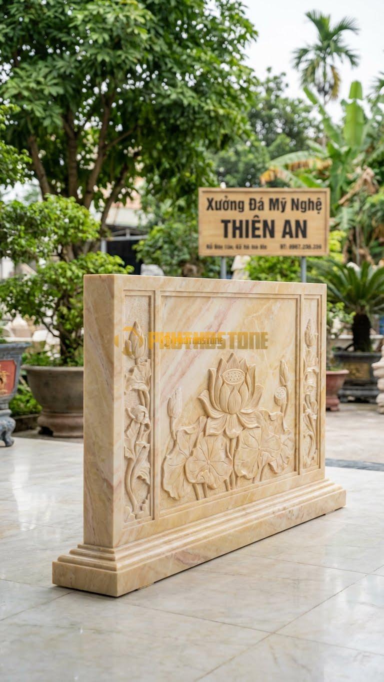 Bình Phong Đá Vàng Nghệ An Vuông Sen Tàn L127: Họa Tiết Đài Sen Già (Ý Nghĩa Hạt Giống/Tái Sinh). (L127 x H81 Cm).