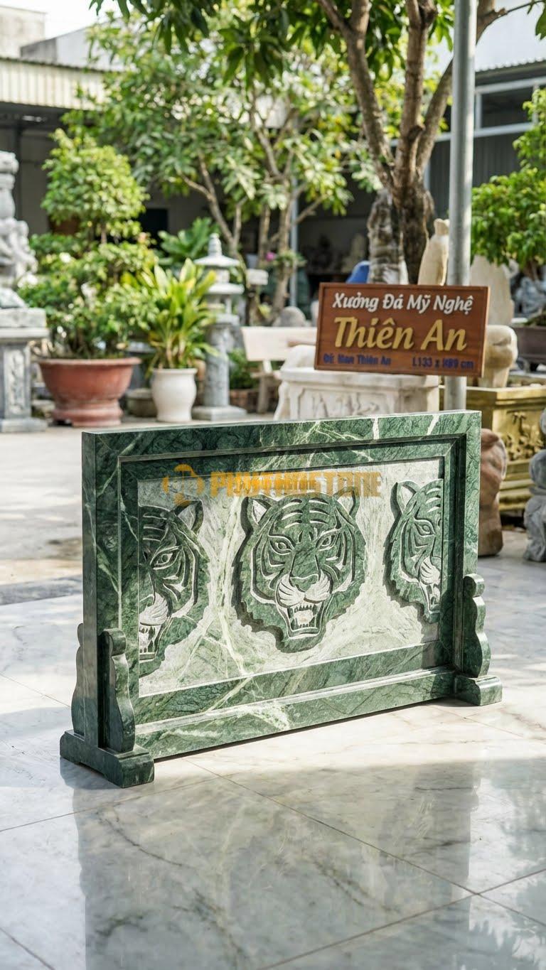 Bình Phong Đá Xanh Ấn Hổ Phù Hóa L133: Mặt Hổ Phù Cách Điệu Hình Học. (L133 x H89 Cm).