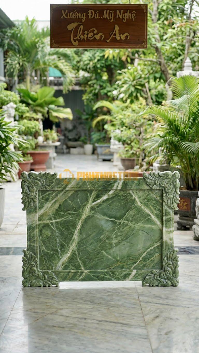Bình Phong Đá Xanh Ấn Rồng Hóa Góc L127: Chỉ Có 4 Góc Là Đầu Rồng Hóa, Giữa Trơn. (L127 x H81 Cm).