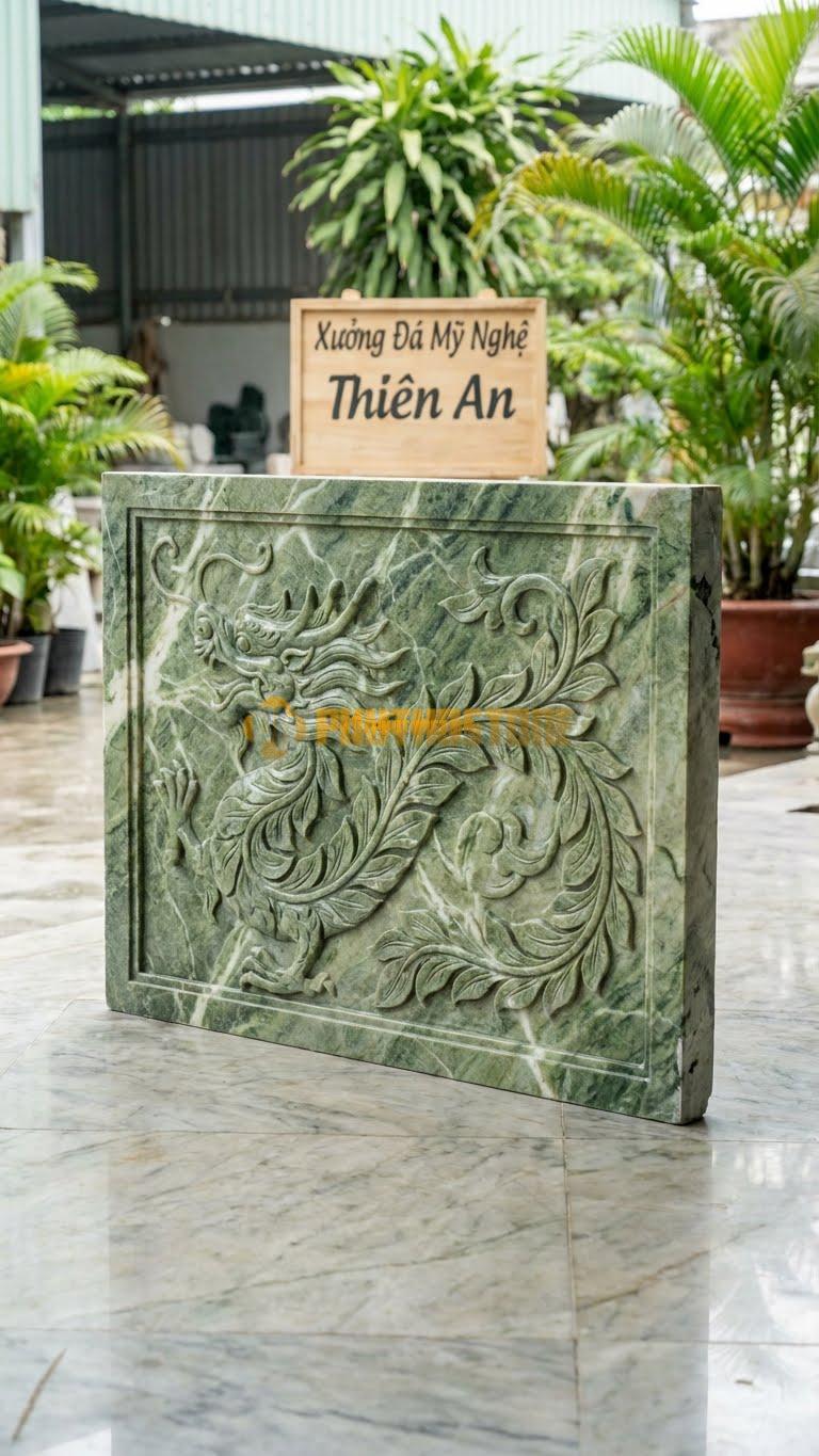 Bình Phong Đá Xanh Ấn Rồng Hóa Lá L147: Lá Cây Cuộn Lại Thành Hình Rồng. (L147 x H107 Cm).