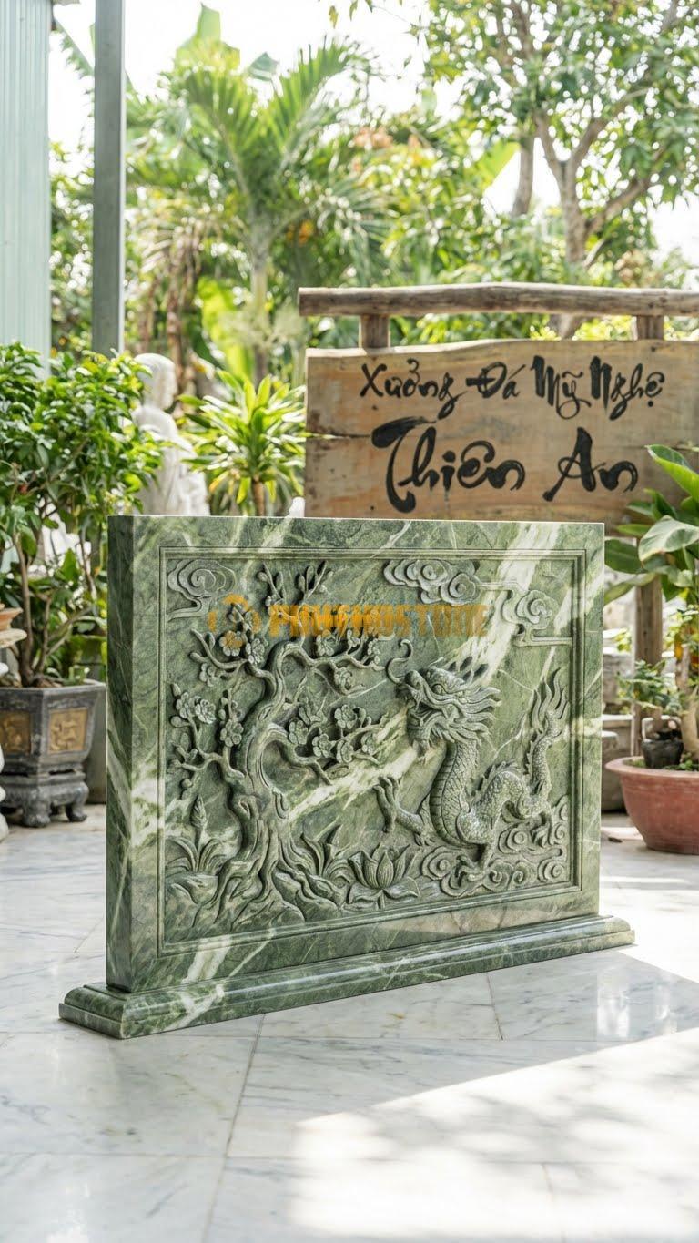 Bình Phong Đá Xanh Ấn Rồng Hóa Mai L147: Cây Mai Già Hóa Rồng. (L147 x H107 Cm).