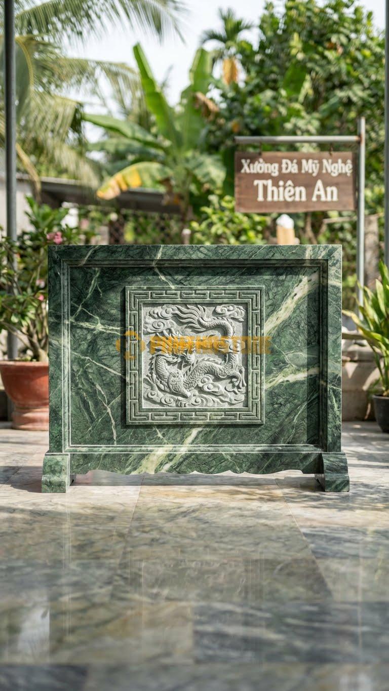 Bình Phong Đá Xanh Ấn Rồng Hóa Mây Vuông L133: Mây Cuộn Khung Vuông. (L133 x H89 Cm).