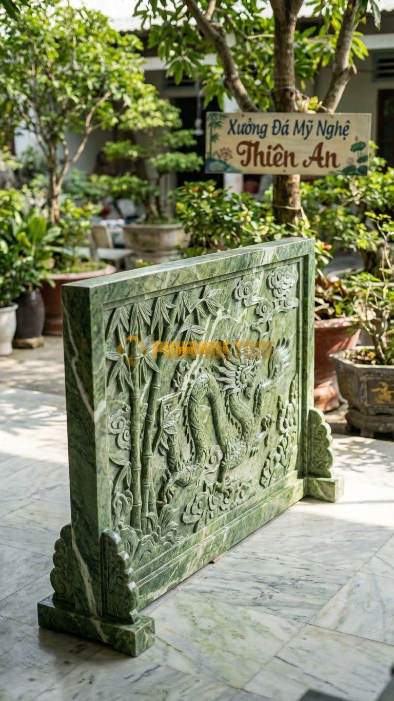 Bình Phong Đá Xanh Ấn Rồng Hóa Trúc L155: Cây Trúc Uốn Thành Hình Rồng. (L155 x H117 Cm).