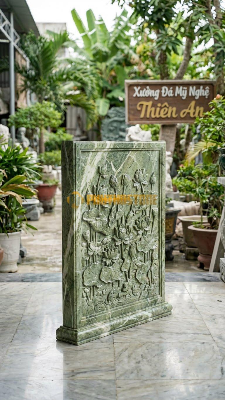 Bình Phong Đá Xanh Ấn Vuông Đầm Sen L127: Bức Tranh Đầm Sen Kín Mặt Đá. (L127 x H89 Cm).
