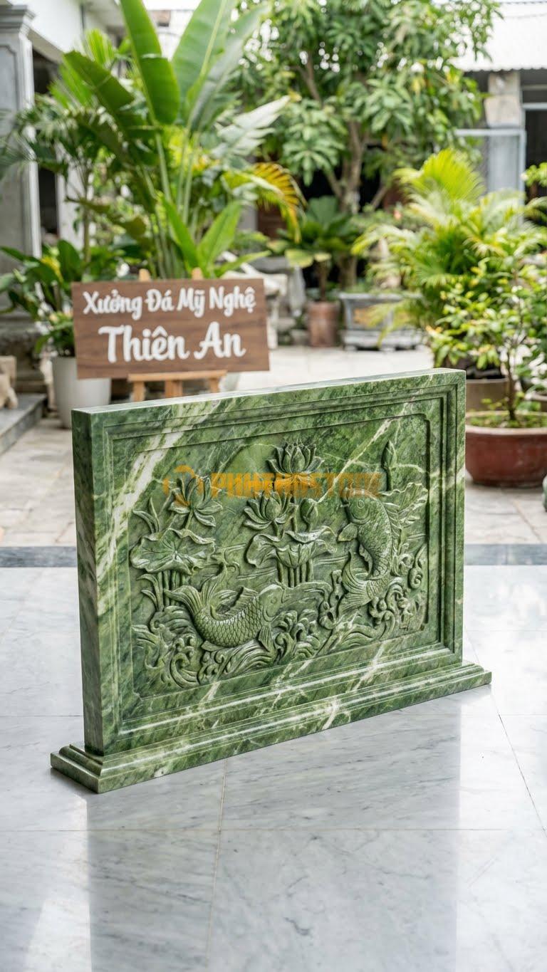 Bình Phong Đá Xanh Ấn Vuông Sen Cá L147: Cá Chép Bơi Dưới Đầm Sen (Liên Ngư). (L147 x H107 Cm).