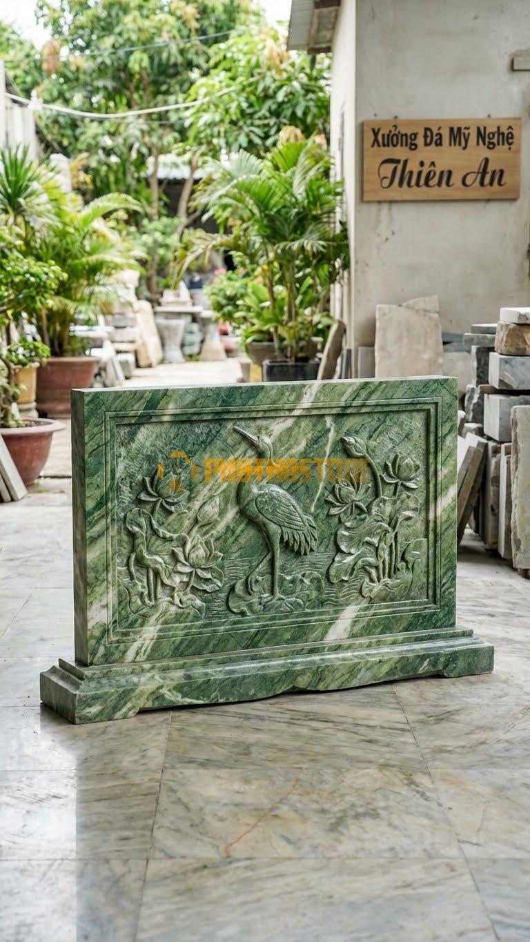 Bình Phong Đá Xanh Ấn Vuông Sen Hạc L133: Hạc Đứng Trong Hồ Sen. (L133 x H89 Cm).
