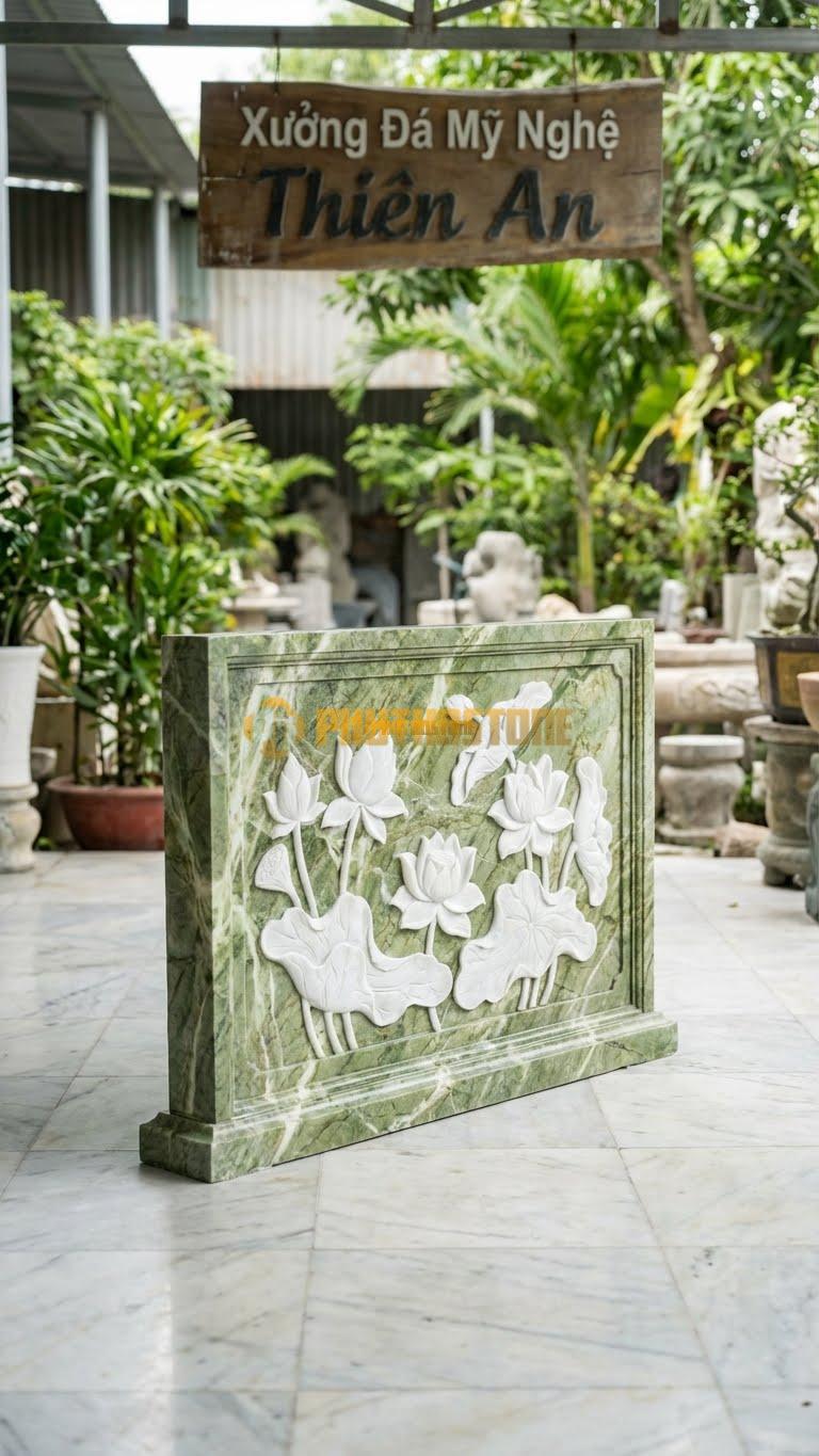 Bình Phong Đá Xanh Ấn Vuông Sen Trắng L133: Làm Từ Đá Trắng, Chạm Sen Thanh Khiết. (L133 x H89 Cm).
