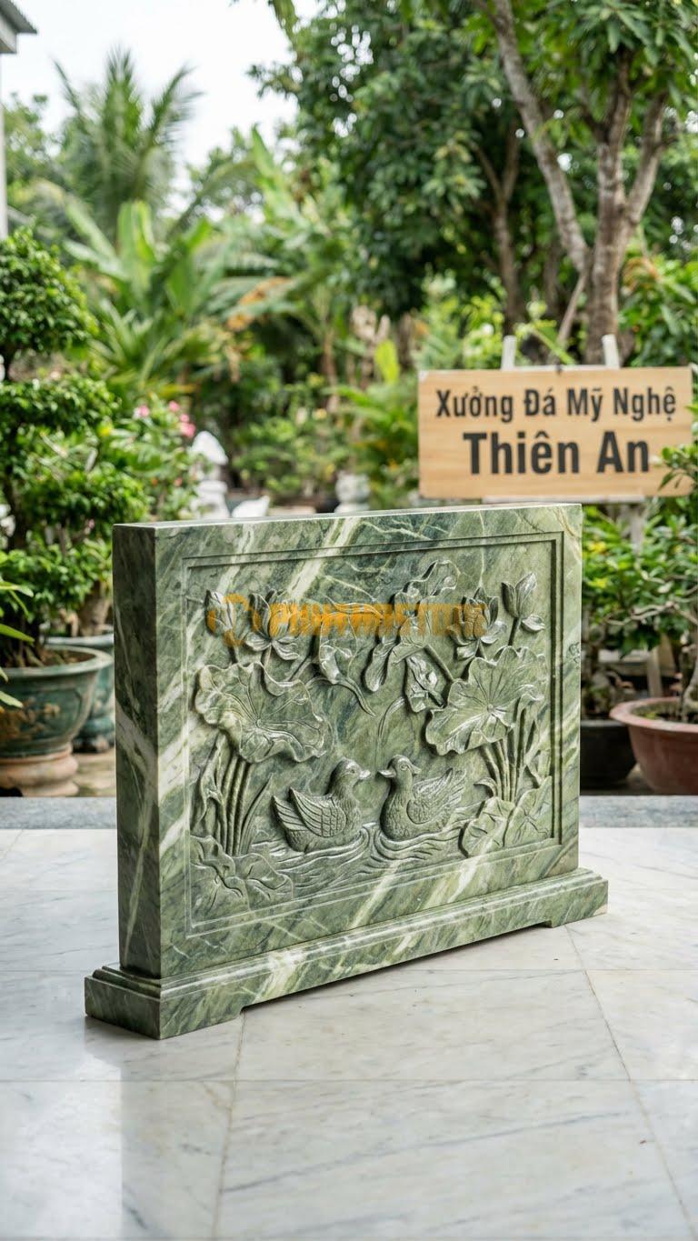 Bình Phong Đá Xanh Ấn Vuông Sen Vịt L147: Đôi Vịt Bơi Dưới Tán Sen (Bảo Áp Xuyên Liên). (L147 x H107 Cm).
