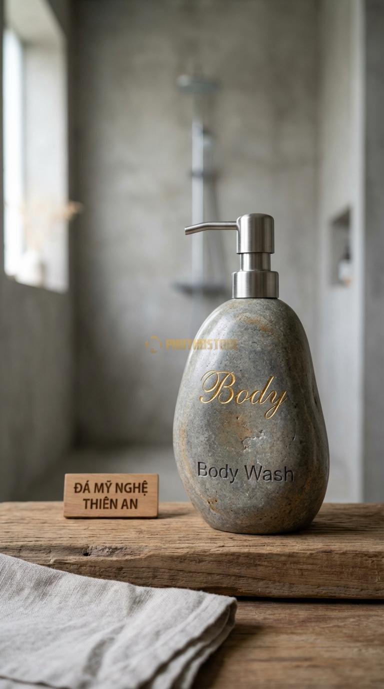 Bình Sữa Tắm Đá Cuội Khắc Chữ “Body” Khắc Chìm Chữ “Body Wash” Nghệ Thuật Mạ Vàng Đường Kính 8cm x H19cm