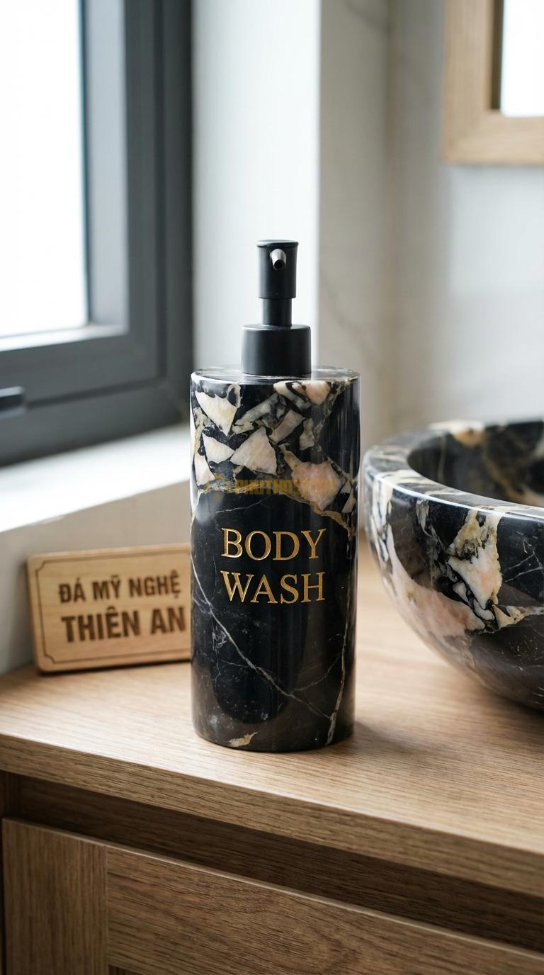 Bình Sữa Tắm Đá Da Báo Khắc Chữ “Body” Khắc Chìm Chữ “Body Wash” Nghệ Thuật Mạ Vàng Đường Kính 8cm x H19cm