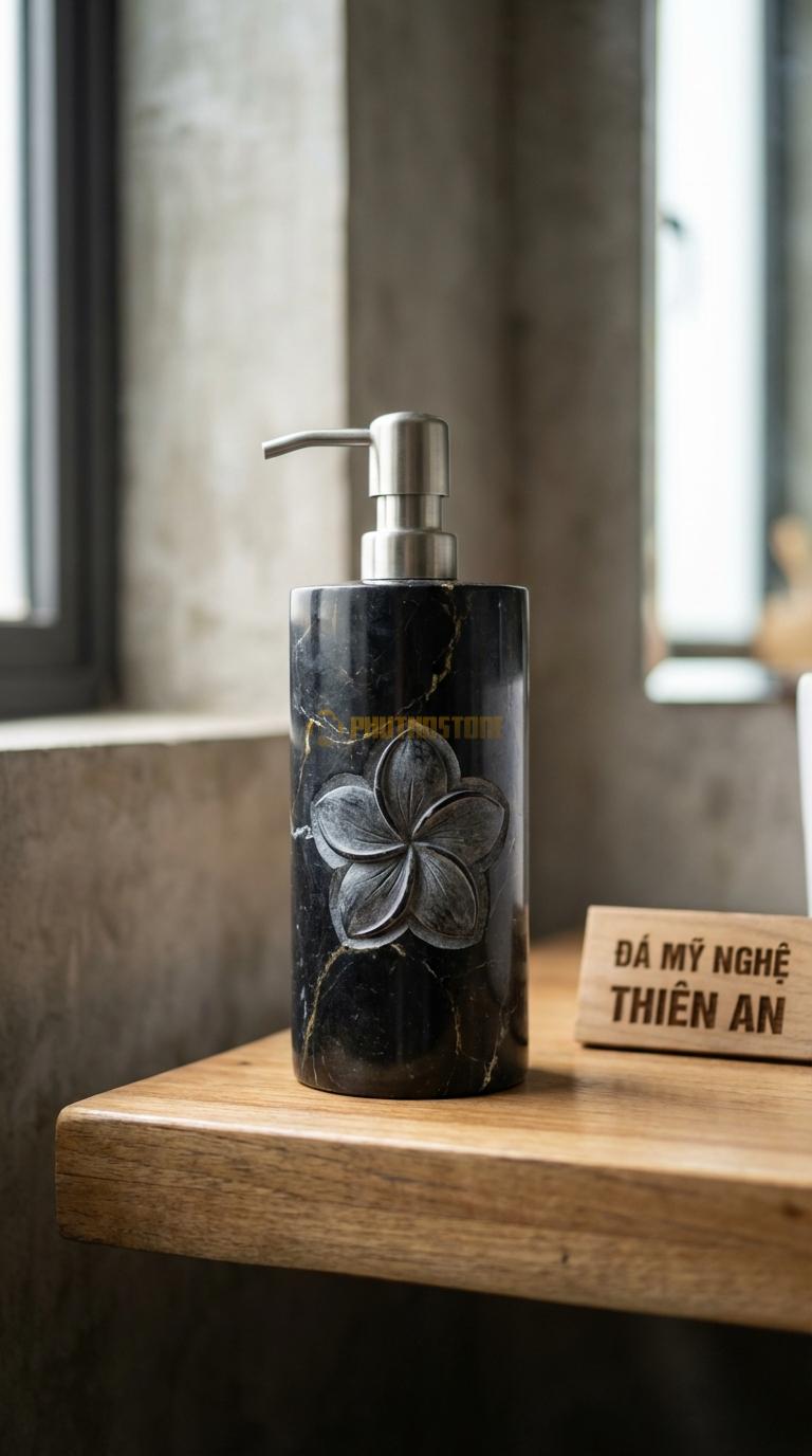 Bình Sữa Tắm Đá Đen Chỉ Nâu Chạm Hoa Sứ Mặt Trước Chạm Nổi Hoa Sứ 5 Cánh Tinh Xảo Đường Kính 8.5cm x H18cm