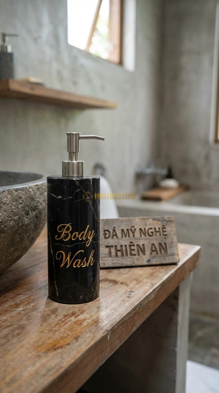 Bình Sữa Tắm Đá Đen Chỉ Nâu Khắc Chữ “Body” Khắc Chìm Chữ “Body Wash” Nghệ Thuật Mạ Vàng Đường Kính 8cm x H19cm