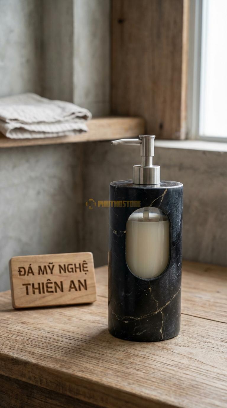Bình Sữa Tắm Đá Đen Chỉ Nâu Mài Nhám Matte Bề Mặt Nhám Mịn, Chống Bám Xà Phòng Đường Kính 8cm x H17.5cm