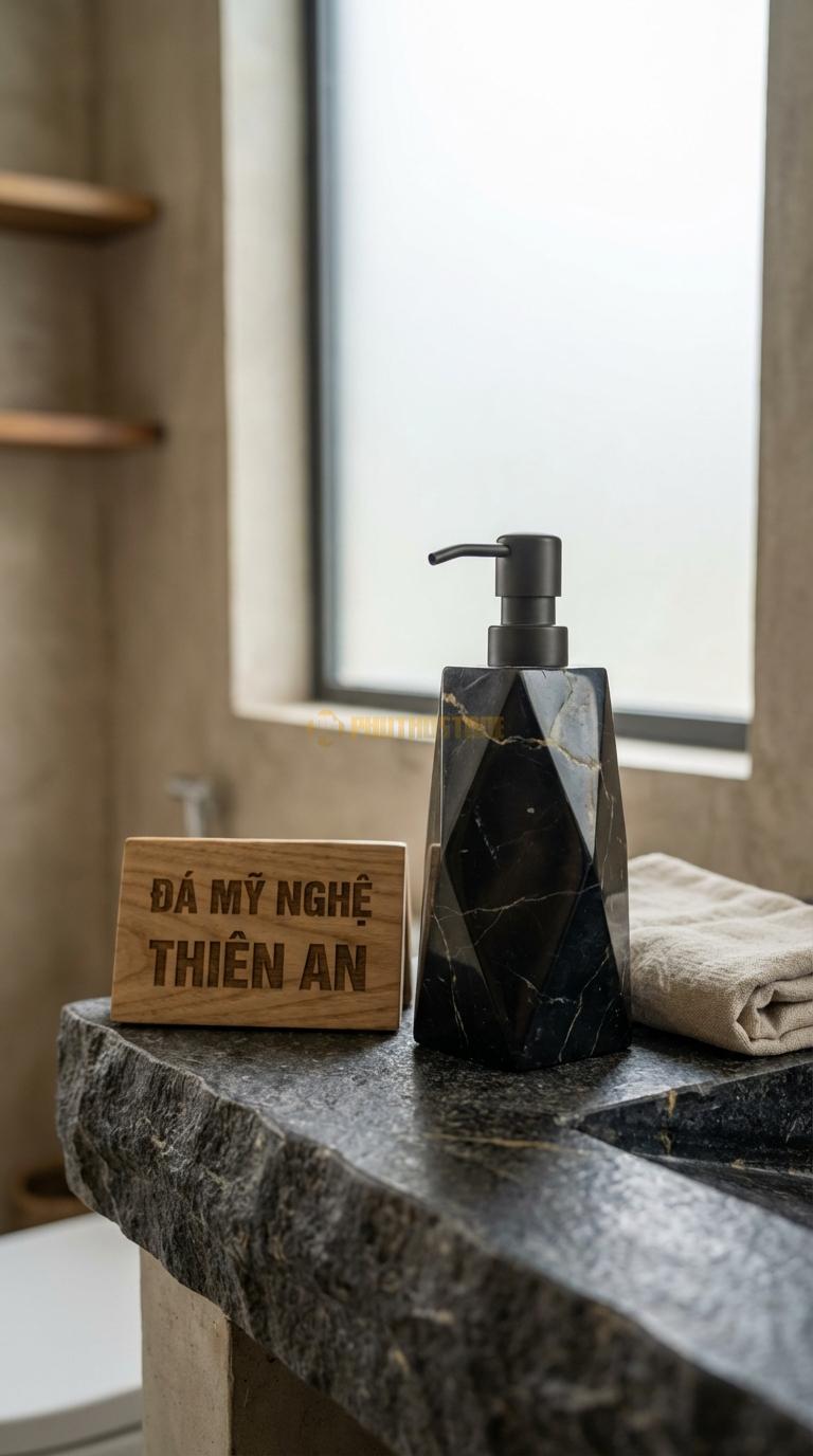 Bình Sữa Tắm Đá Đen Chỉ Nâu Vát Kim Cương Các Mặt Vát Hình Tam Giác Phản Chiếu Ánh Sáng 8cm x 8cm x H18cm