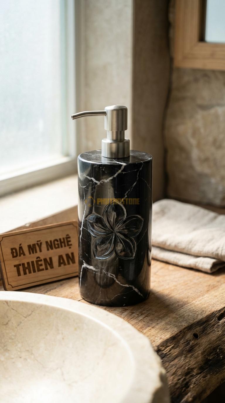 Bình Sữa Tắm Đá Đen Tia Chớp Chạm Hoa Sứ Mặt Trước Chạm Nổi Hoa Sứ 5 Cánh Tinh Xảo Đường Kính 8.5cm x H18cm