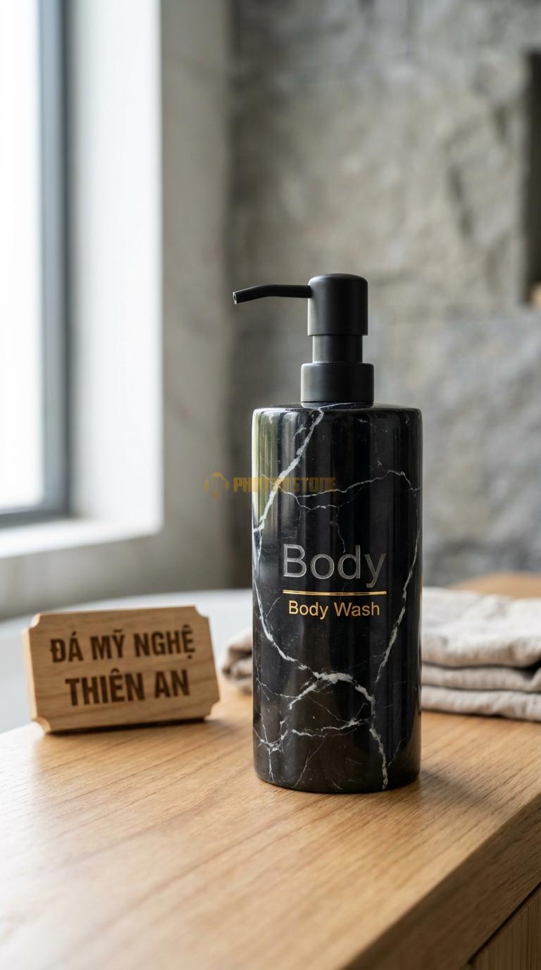 Bình Sữa Tắm Đá Đen Tia Chớp Khắc Chữ “Body” Khắc Chìm Chữ “Body Wash” Nghệ Thuật Mạ Vàng Đường Kính 8cm x H19cm