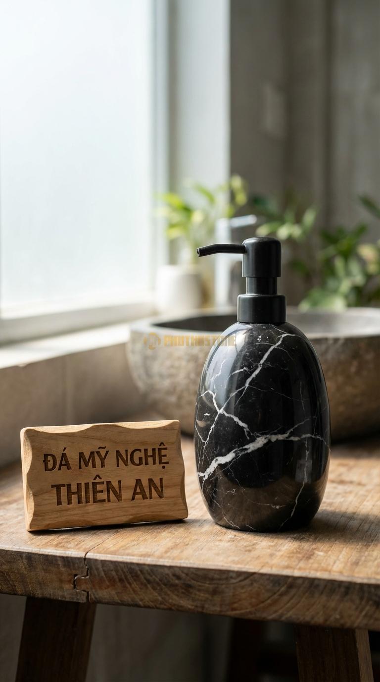 Bình Sữa Tắm Đá Đen Tia Chớp “Relaxing Zen” Dáng Bầu Tròn Trơn, Mài Bóng Lộ Vân Đá Đường Kính 10cm x H16cm