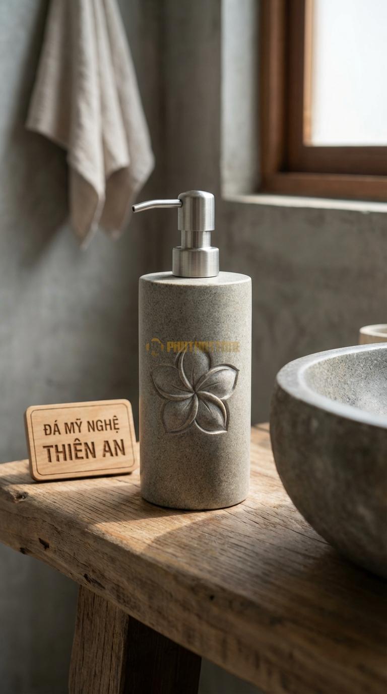 Bình Sữa Tắm Đá Granite Chạm Hoa Sứ Mặt Trước Chạm Nổi Hoa Sứ 5 Cánh Tinh Xảo Đường Kính 8.5cm x H18cm